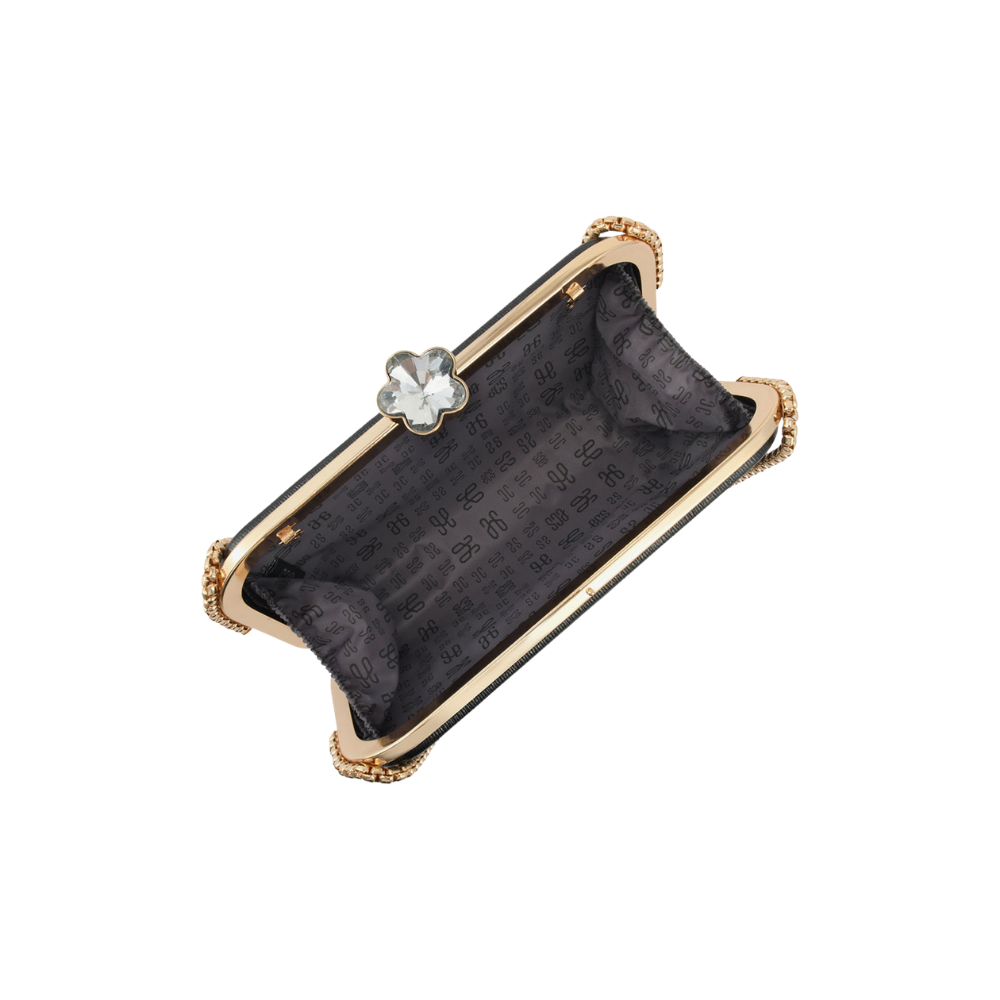 Womens Black Satin Crystal Knob Box Clutch Bag