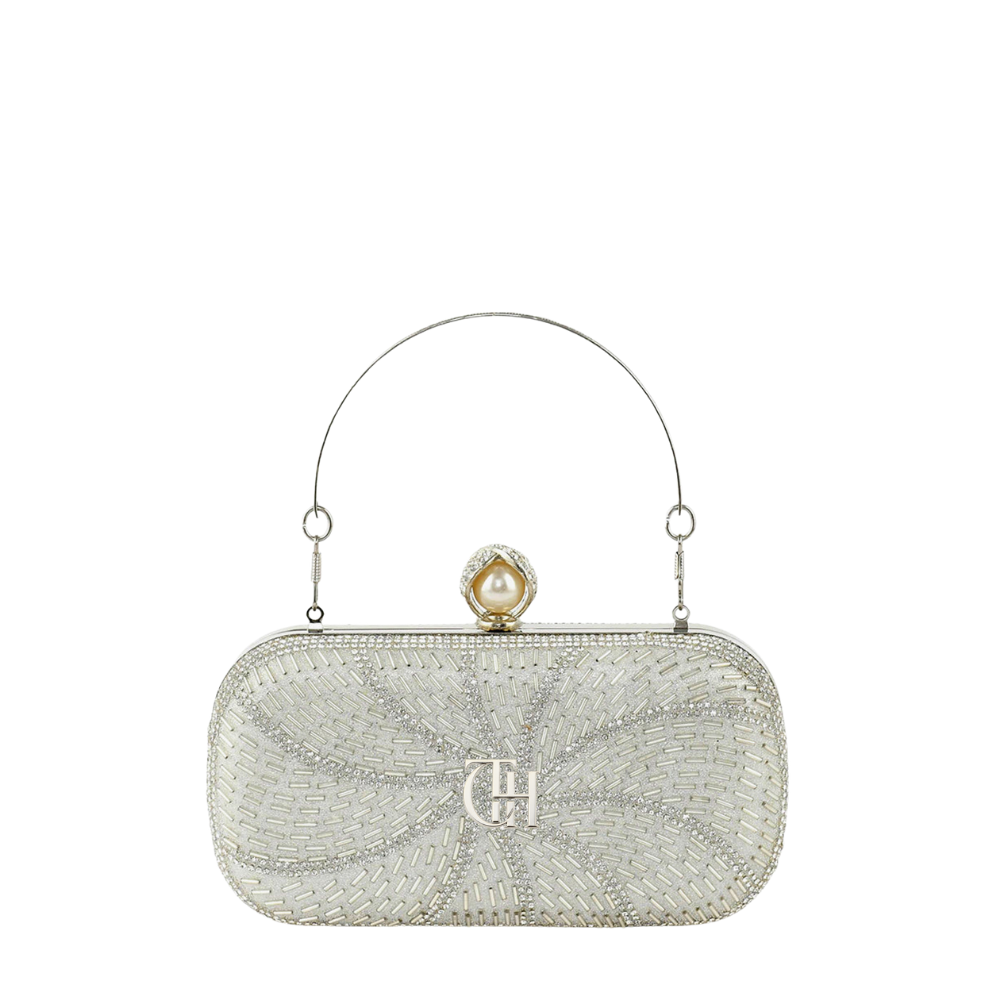Women’s Starburst Beaded Box Clutch with Crystal Detail and Pearl Clasp