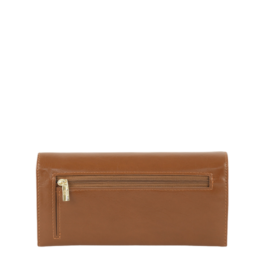 Women’s Brown Link Clasp Long Wallet with Gold Tone Detail