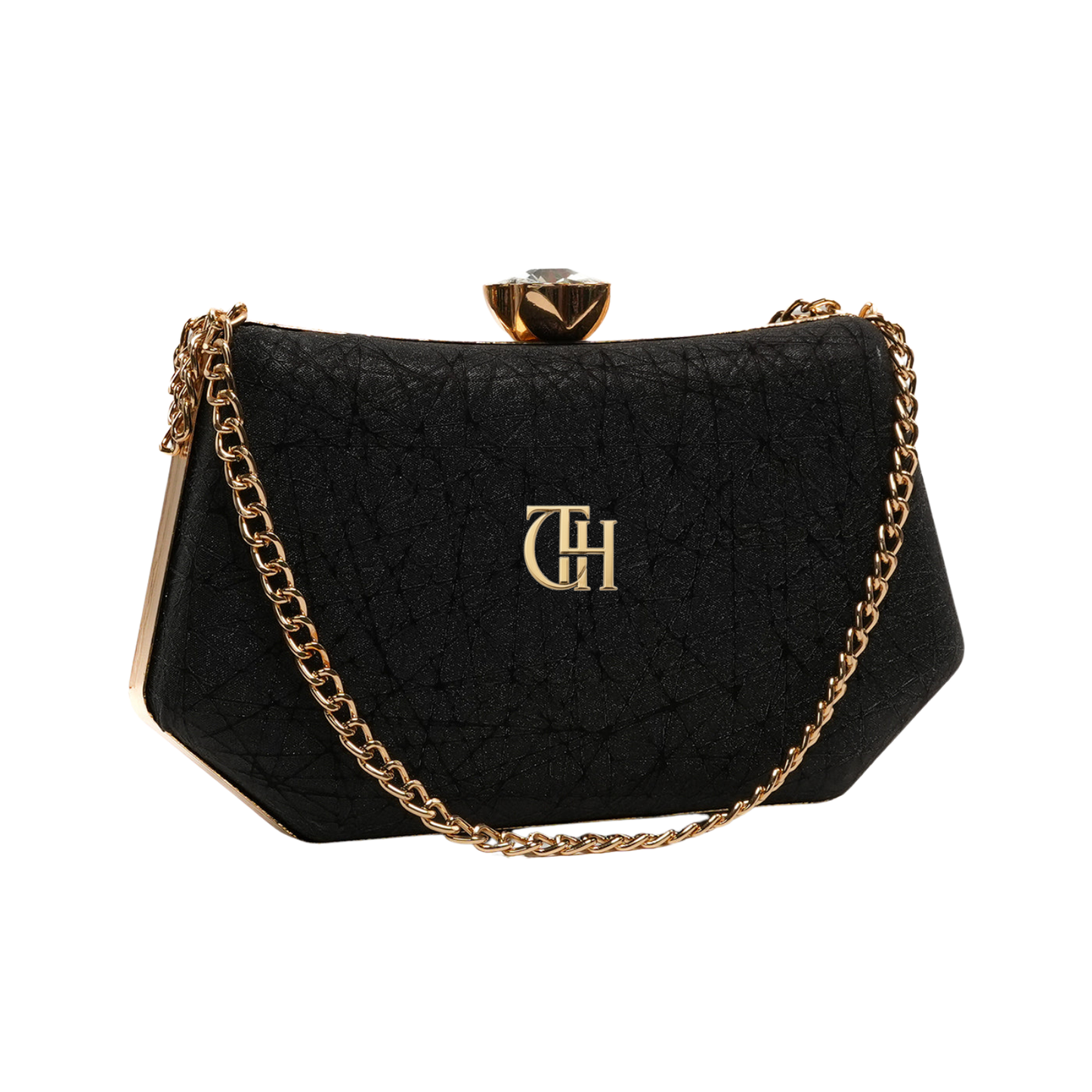 Shimmer Clutch Black Evening Bag with Chain Strap