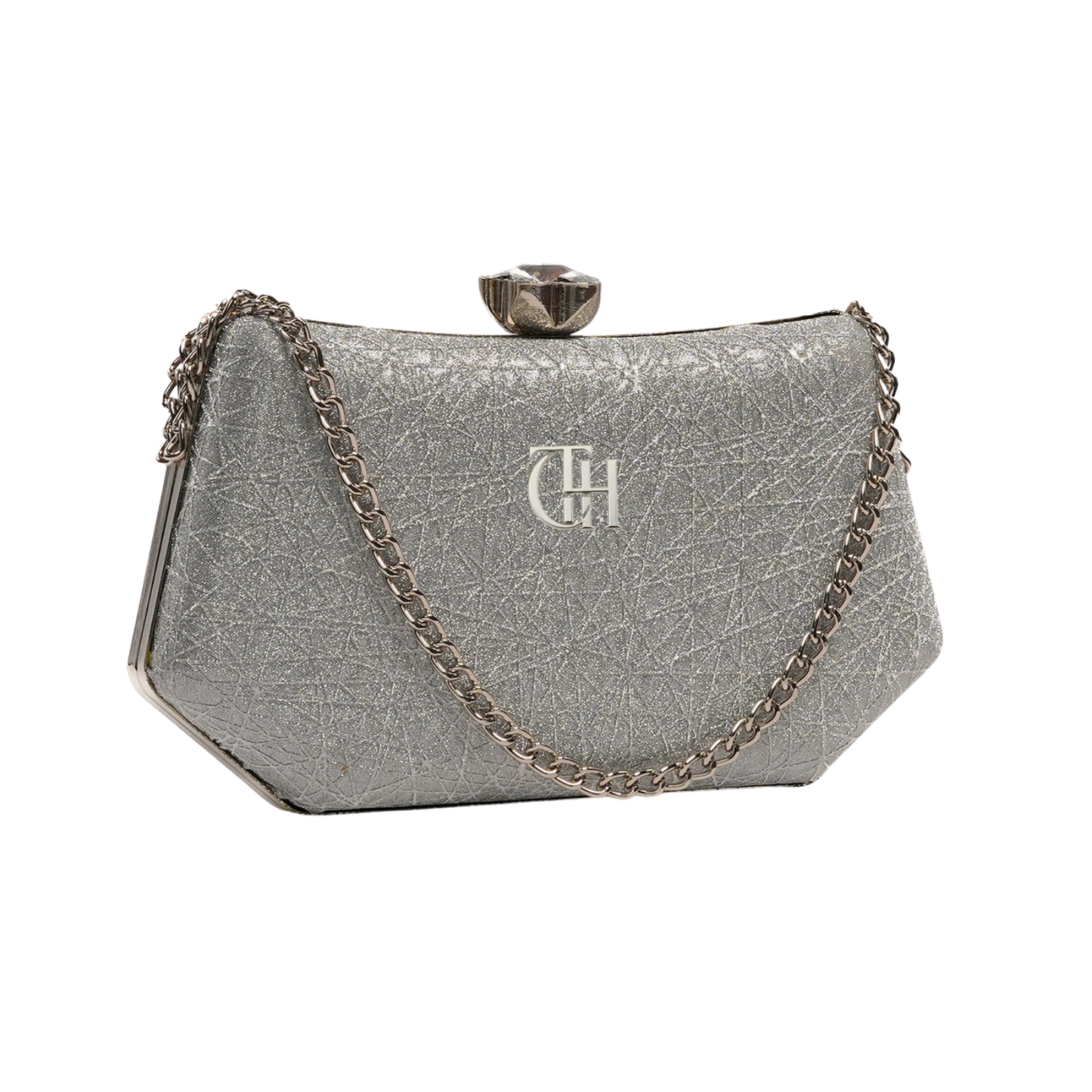 Shimmer Clutch Silver Evening Bag with Chain Strap