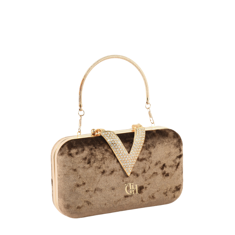 Womens Velour V Glam Brown Evening Clutch with Crystal Accent