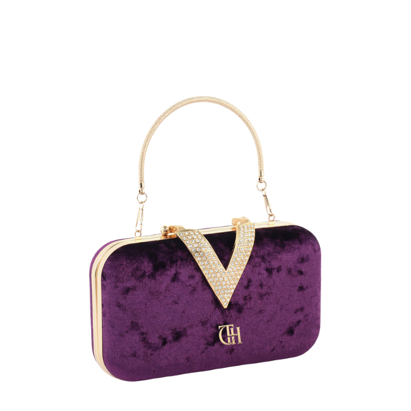 Womens Velour V Glam Purple Evening Clutch with Crystal Accent