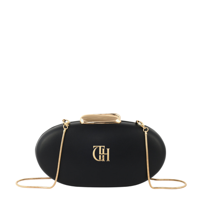 Womens Black Pebble Oval Box Clutch Bag with Chain Strap