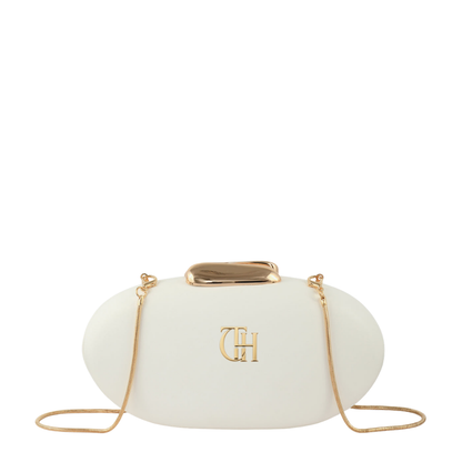 Womens White Pebble Oval Box Clutch Bag with Chain Strap
