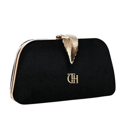 Mystic Velvet Clutch Black Evening Clutch with Gold Leaf Clasp