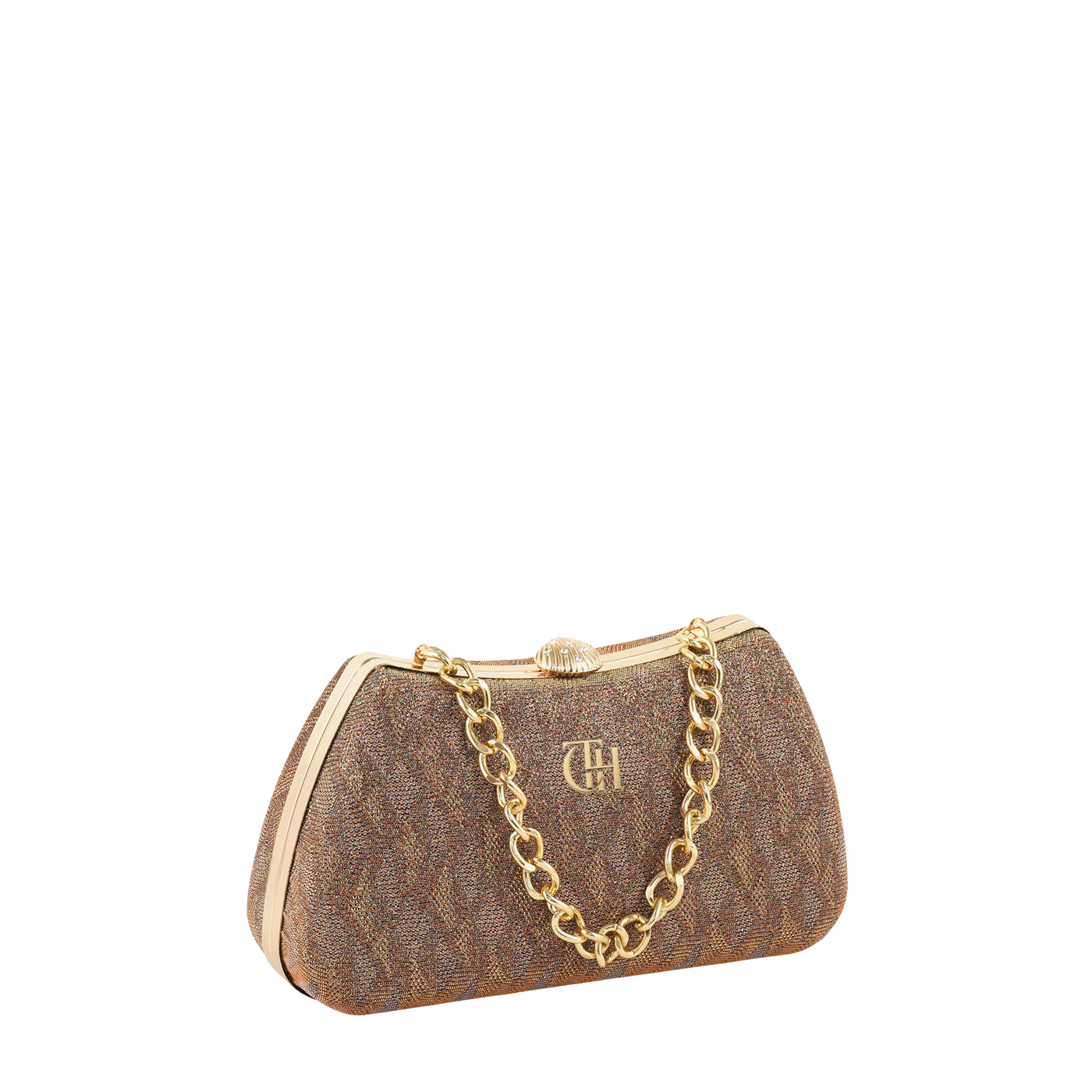 Women's Brown Textured Clutch with Gold Tone Chain and Secure Clasp