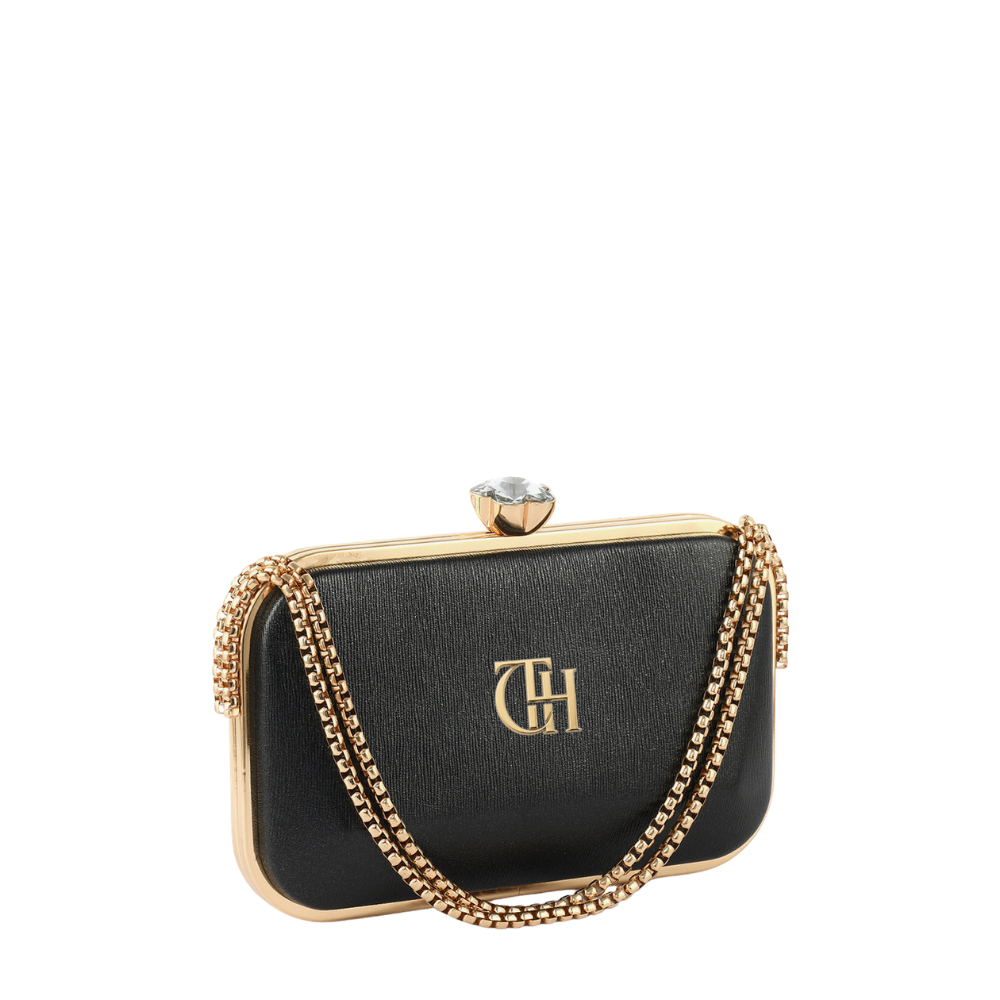Womens Black Satin Crystal Knob Box Clutch Bag