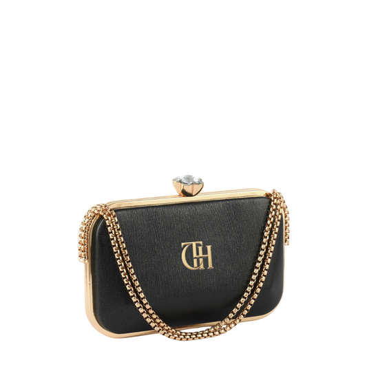 Womens Black Satin Crystal Knob Box Clutch Bag