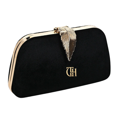 Mystic Velvet Clutch Black Evening Clutch with Gold Leaf Clasp