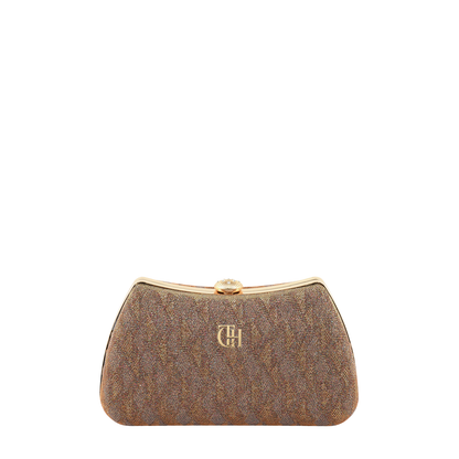 Women's Brown Textured Clutch with Gold Tone Chain and Secure Clasp