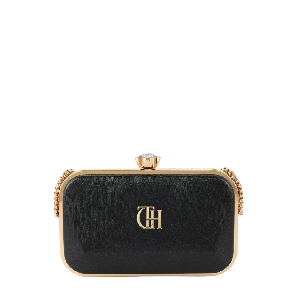 Womens Black Satin Crystal Knob Box Clutch Bag
