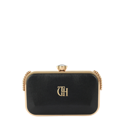 Womens Black Satin Crystal Knob Box Clutch Bag