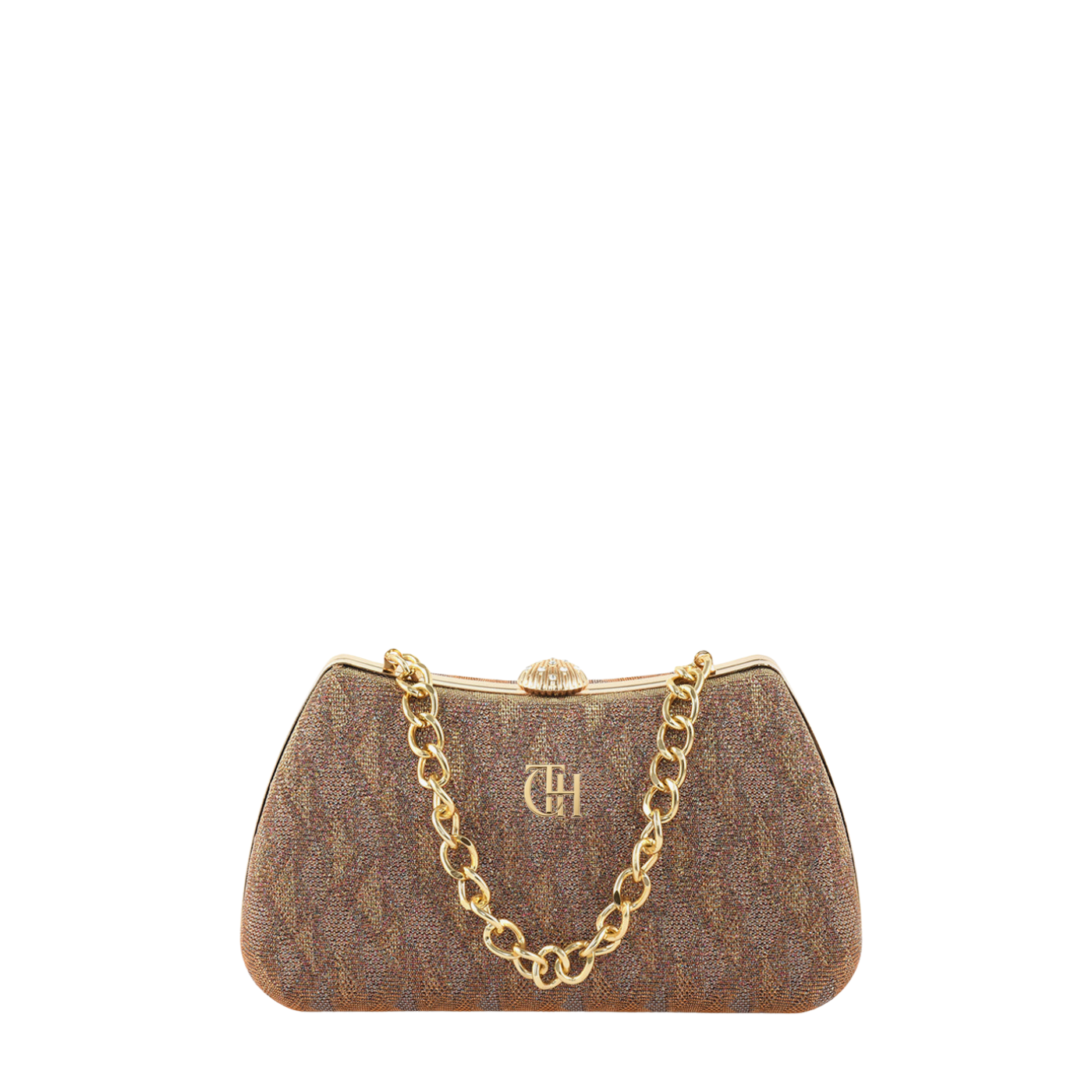 Women's Brown Textured Clutch with Gold Tone Chain and Secure Clasp