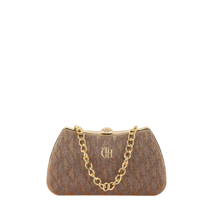 Women's Brown Textured Clutch with Gold Tone Chain and Secure Clasp