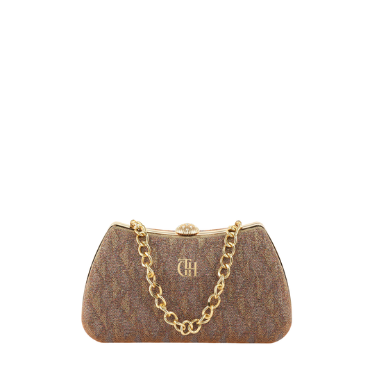 Women's Brown Textured Clutch with Gold Tone Chain and Secure Clasp