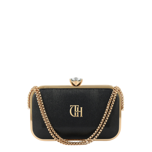 Womens Black Satin Crystal Knob Box Clutch Bag