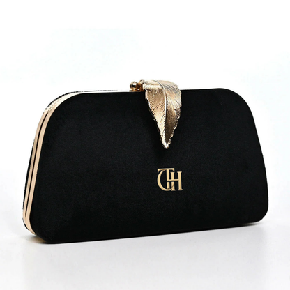 Mystic Velvet Clutch Black Evening Clutch with Gold Leaf Clasp