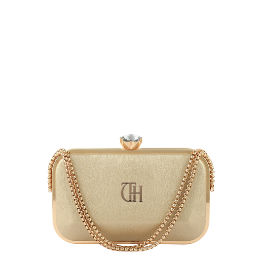 Womens Golden Satin Crystal Knob Box Clutch Bag