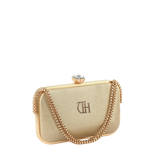 Womens Golden Satin Crystal Knob Box Clutch Bag
