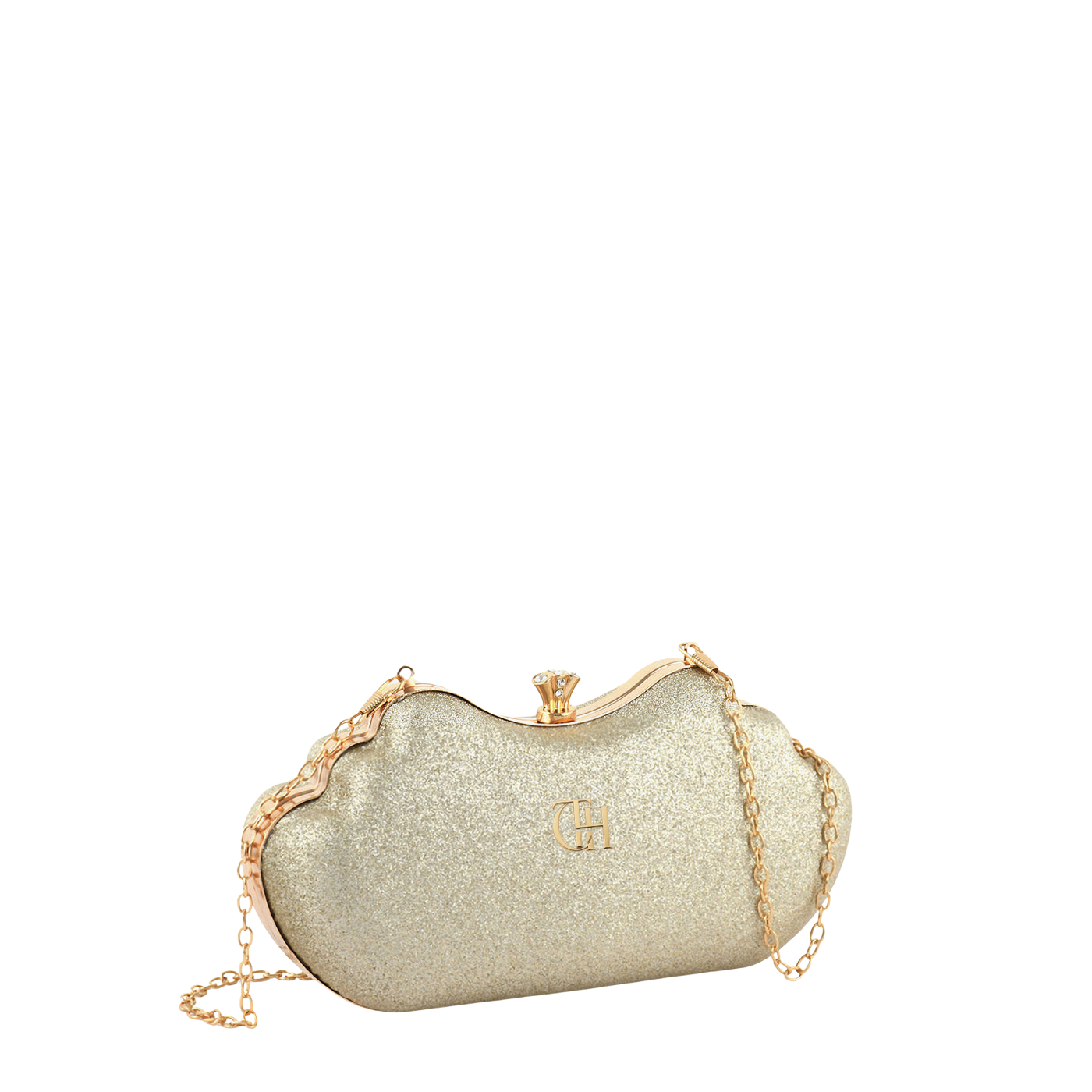 Women's Golden Shimmer Cloud Clutch with Crystal Clasp and Chain Strap