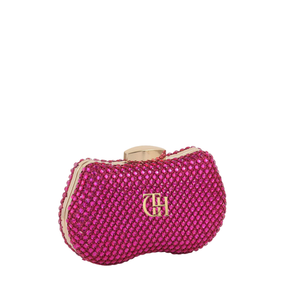 Pink Crystal Mesh Oval Clutch Bag with Gold Bar Clasp Closure