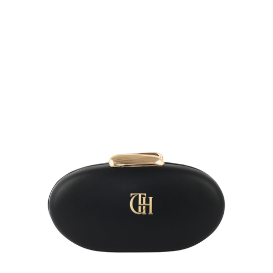 Womens Black Pebble Oval Box Clutch Bag with Chain Strap