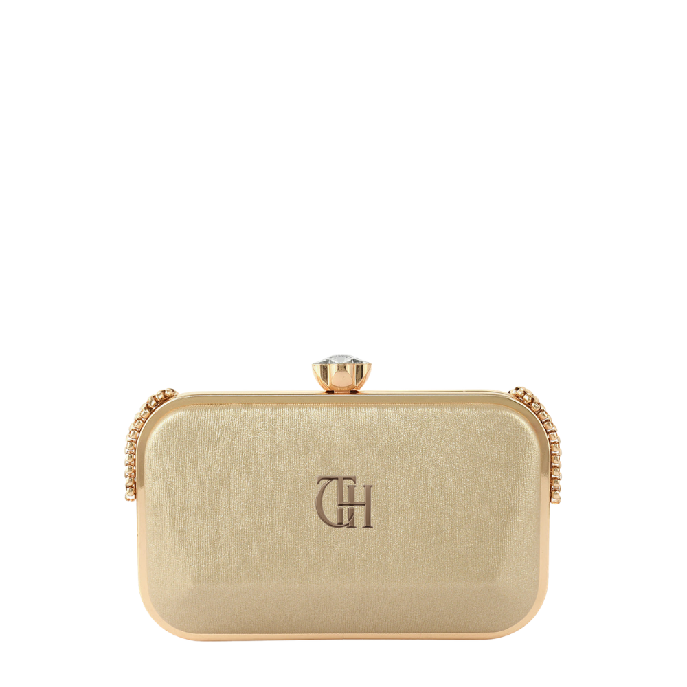 Womens Golden Satin Crystal Knob Box Clutch Bag