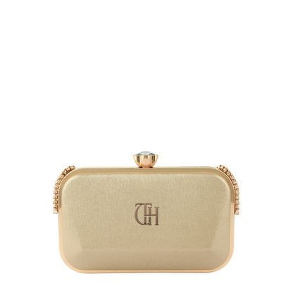 Womens Golden Satin Crystal Knob Box Clutch Bag
