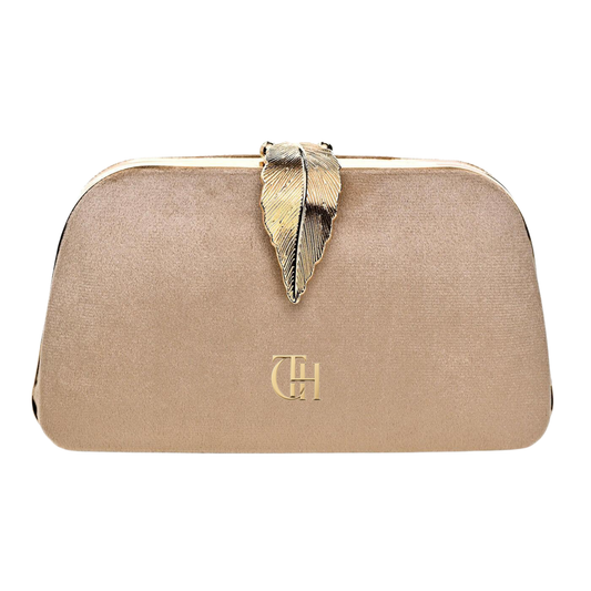 Mystic Velvet Clutch Beige Evening Clutch with Gold Leaf Clasp