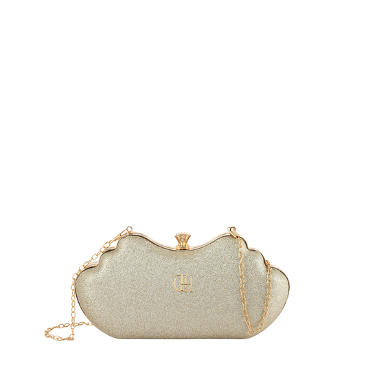Women's Golden Shimmer Cloud Clutch with Crystal Clasp and Chain Strap