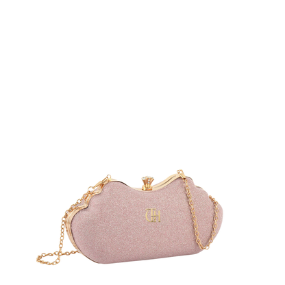 Women's Pink Shimmer Cloud Clutch with Crystal Clasp and Chain Strap