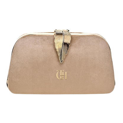 Mystic Velvet Clutch Beige Evening Clutch with Gold Leaf Clasp