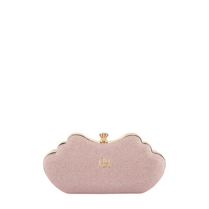Women's Pink Shimmer Cloud Clutch with Crystal Clasp and Chain Strap