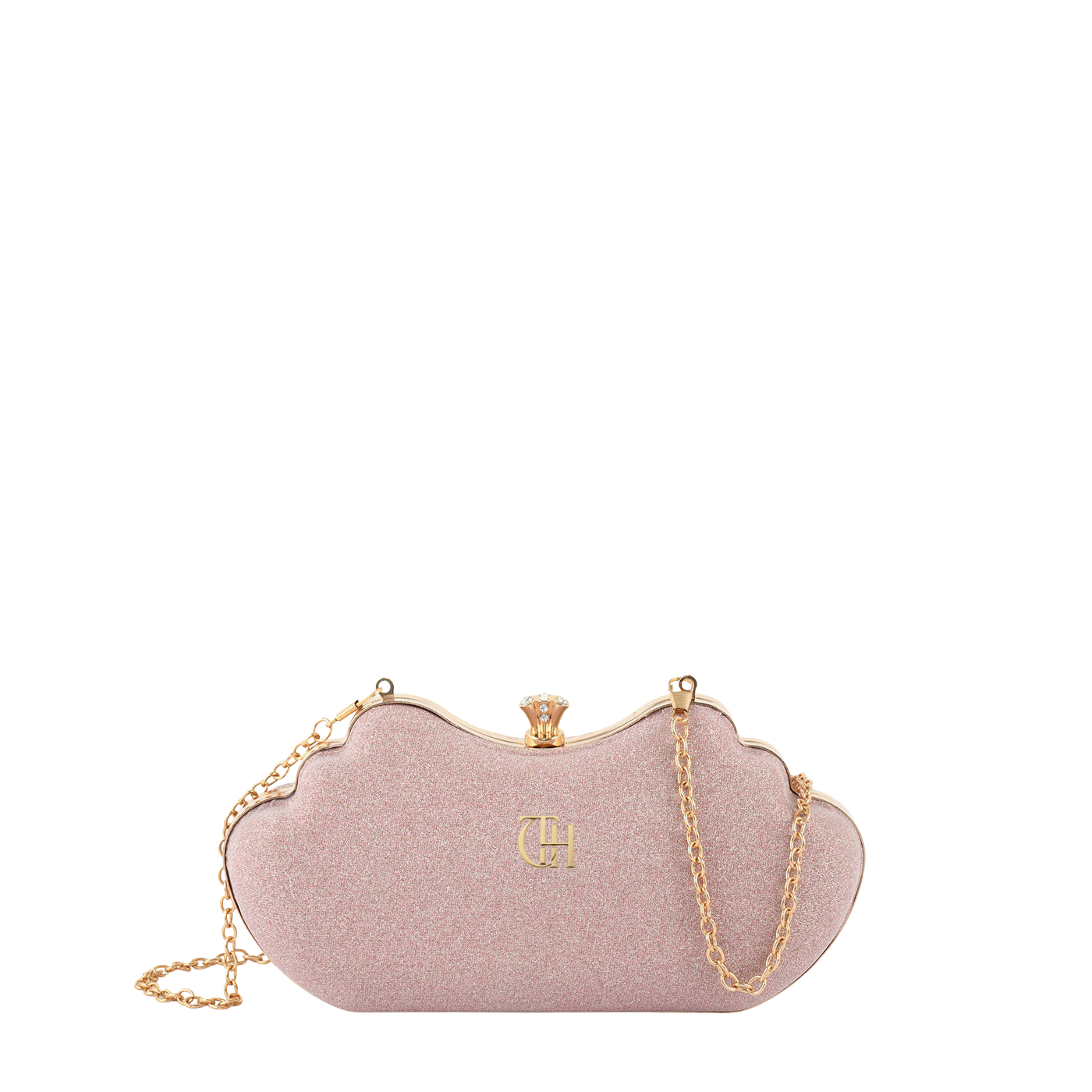 Women's Pink Shimmer Cloud Clutch with Crystal Clasp and Chain Strap