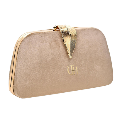 Mystic Velvet Clutch Beige Evening Clutch with Gold Leaf Clasp