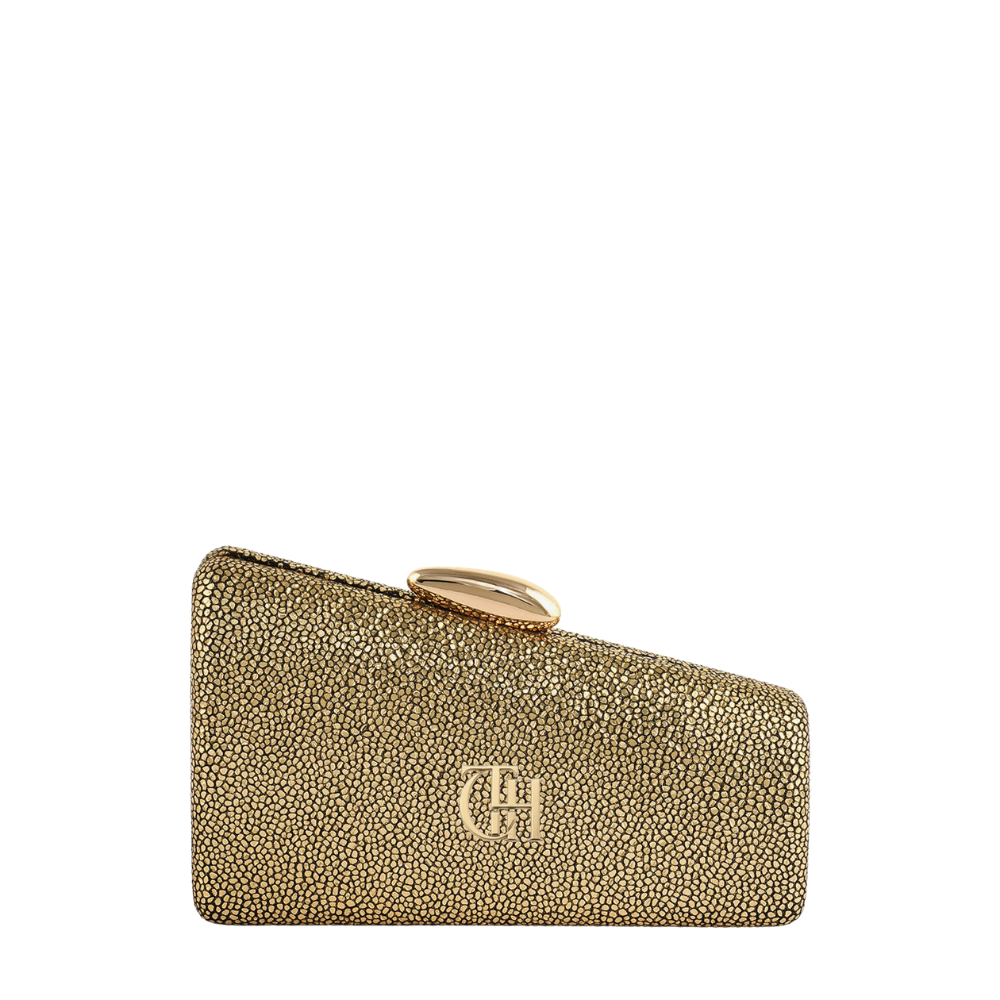 Women’s Slant Clasp Crystal Box Clutch with Gold Ring Closure