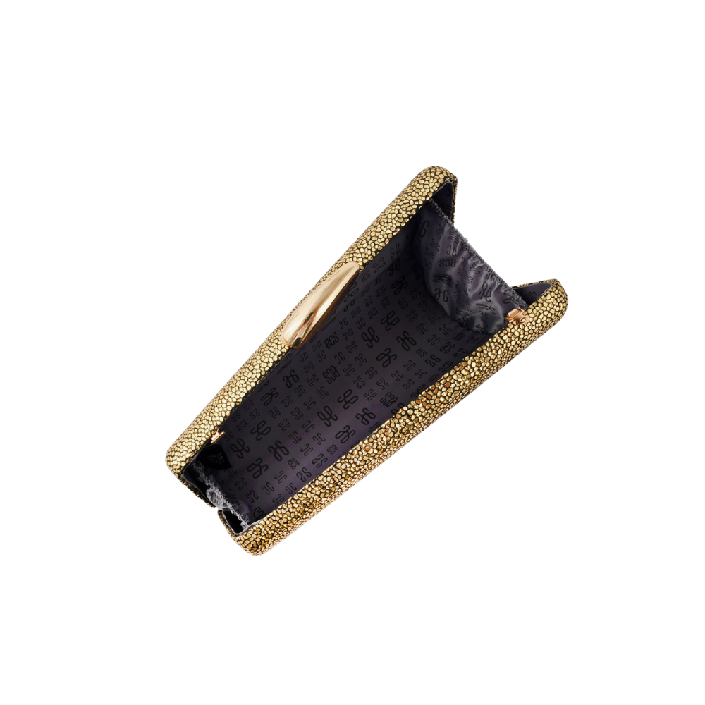 Women’s Slant Clasp Crystal Box Clutch with Gold Ring Closure