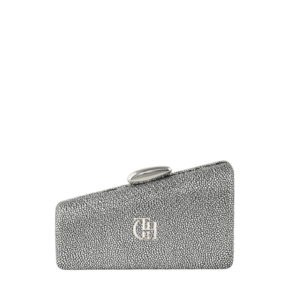 Women’s Silver Crystal Slant Box Clutch with Gold Ring Clasp