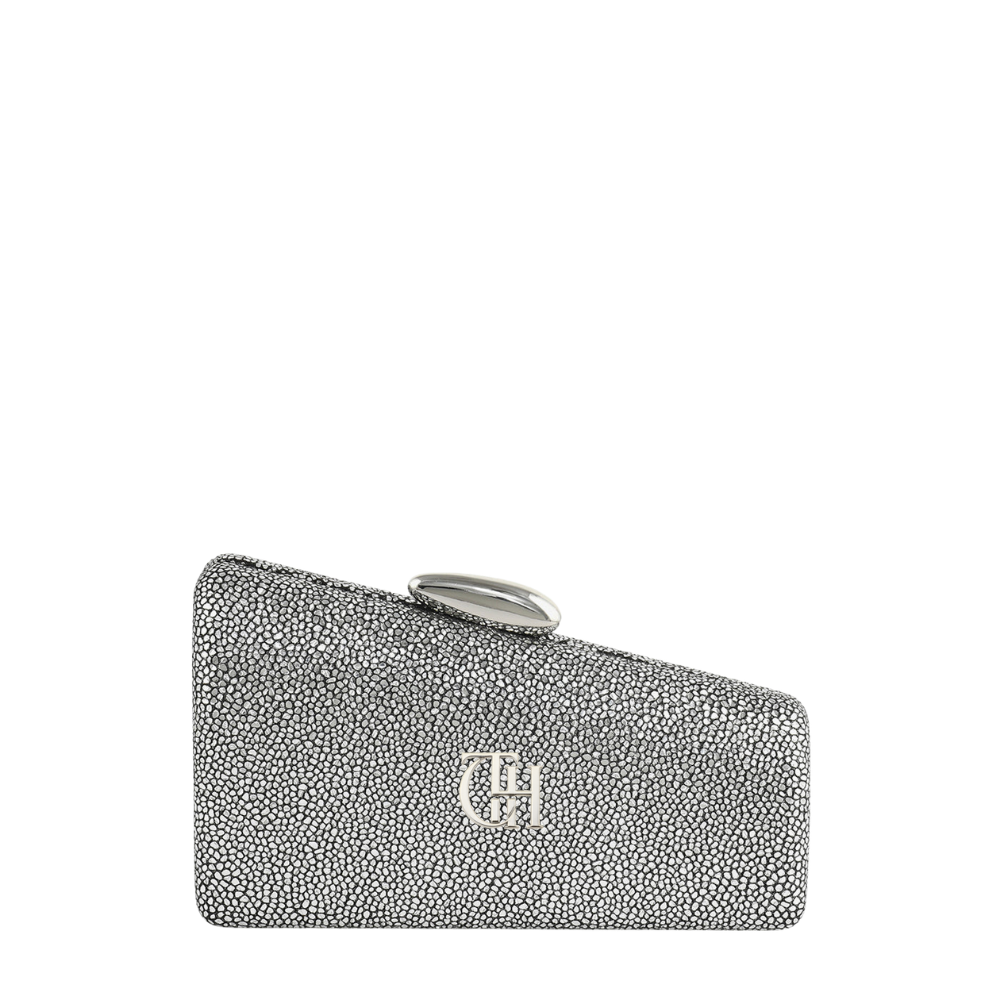 Women’s Silver Crystal Slant Box Clutch with Gold Ring Clasp