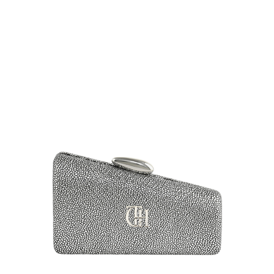 Women’s Silver Crystal Slant Box Clutch with Gold Ring Clasp