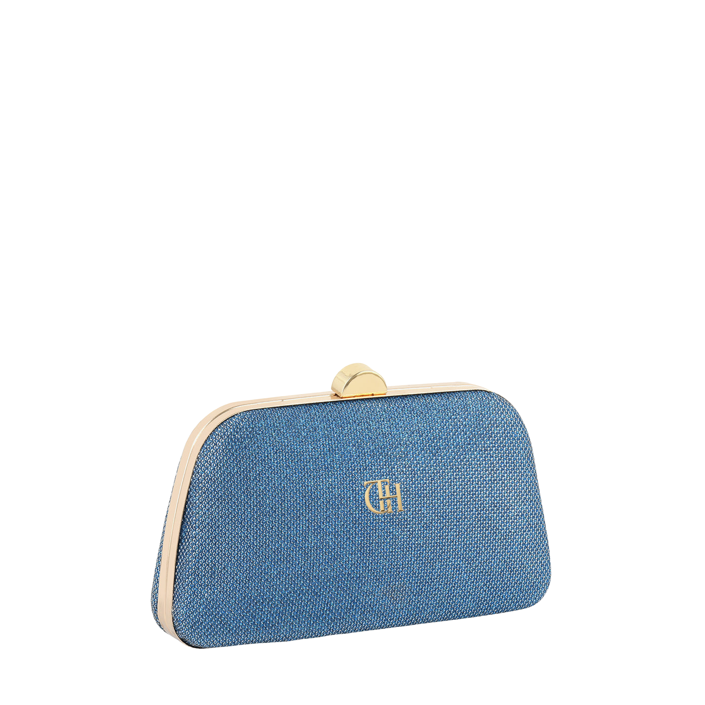 Women's Blue Textured Frame Clutch with Gold Tone Chain Strap