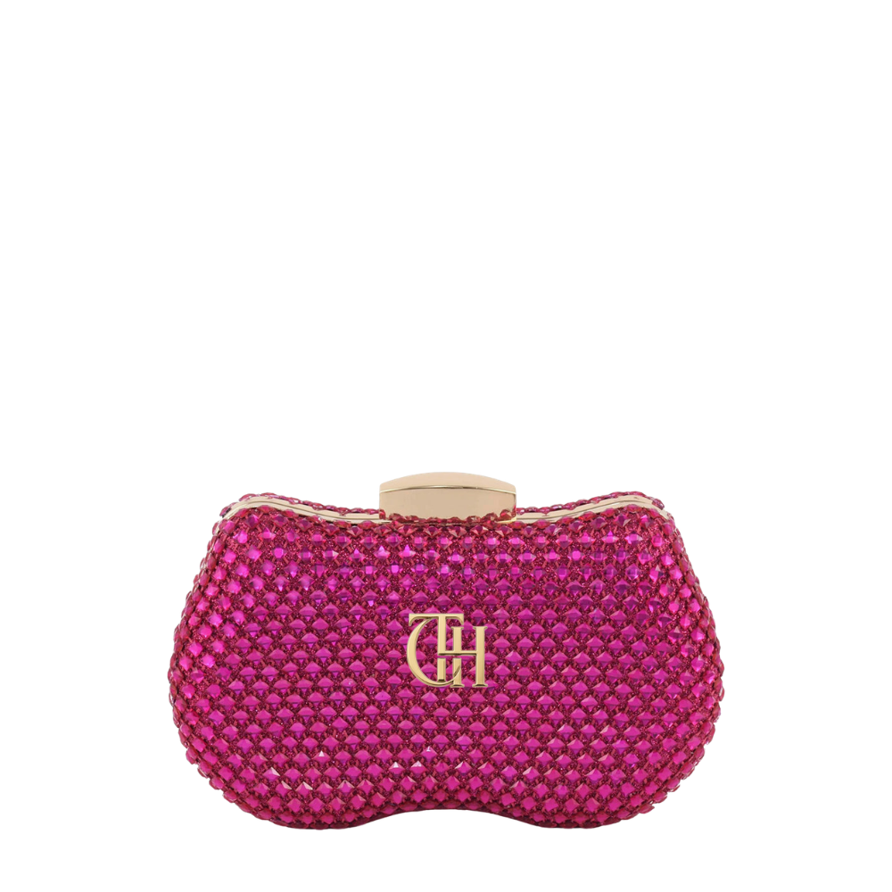 Pink Crystal Mesh Oval Clutch Bag with Gold Bar Clasp Closure