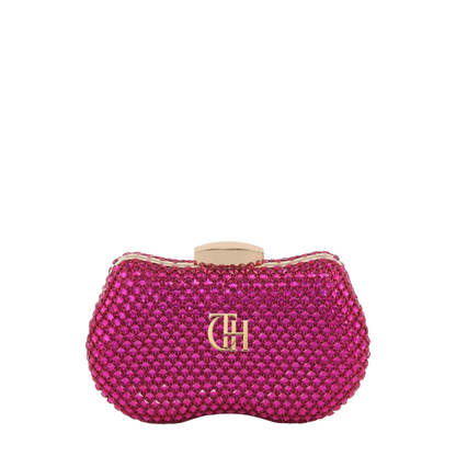 Pink Crystal Mesh Oval Clutch Bag with Gold Bar Clasp Closure