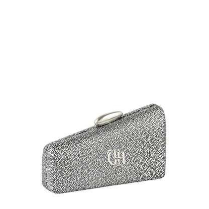 Women’s Silver Crystal Slant Box Clutch with Gold Ring Clasp