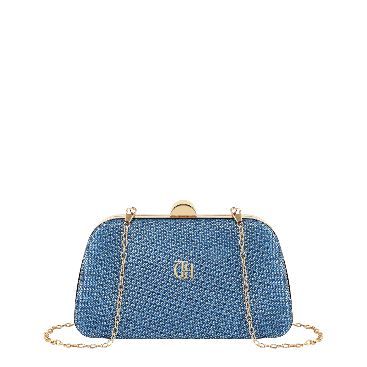 Women's Blue Textured Frame Clutch with Gold Tone Chain Strap