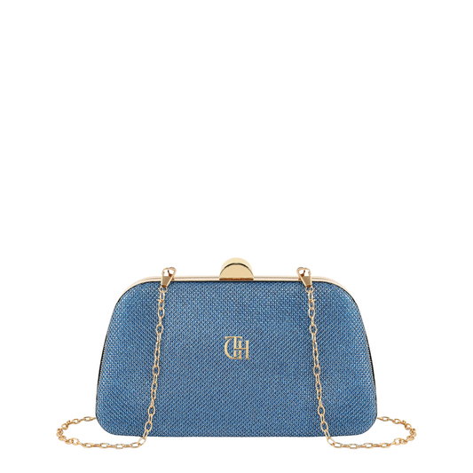 Women's Blue Textured Frame Clutch with Gold Tone Chain Strap