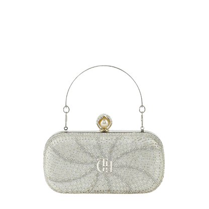 Women’s Starburst Beaded Box Clutch with Crystal Detail and Pearl Clasp