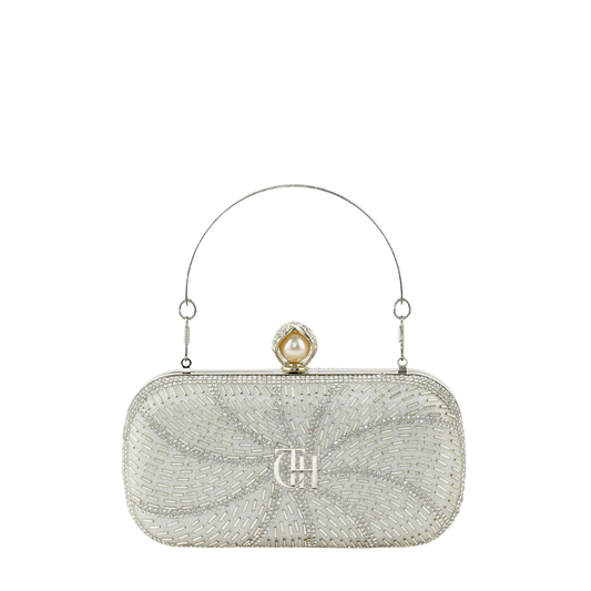 Women’s Starburst Beaded Box Clutch with Crystal Detail and Pearl Clasp