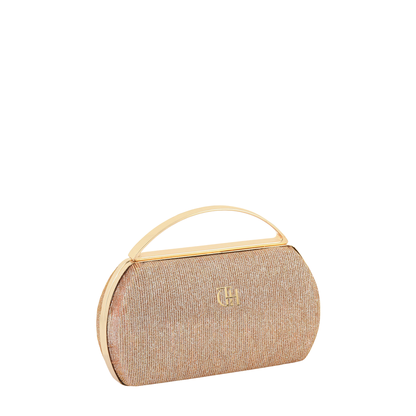 Women's Beige Textured Hard Case Clutch with Curved Gold Tone Handle